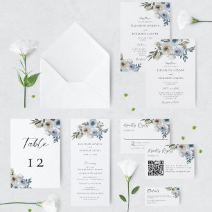 Dusty Blue Wedding QR Code Floral Elegant Spring All In One Uitnodiging