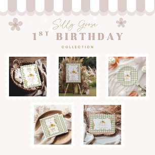 Groene Gingham Dwaze Gans 1e Verjaardag Servet