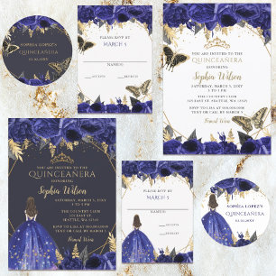 Royal Blue Gold Floral Butterflies Quinceanera RSVP Kaartje