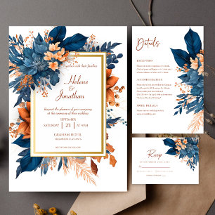 Indigo Roest Moderne Bloemenbruiloft Save The Date Aankondigingskaart