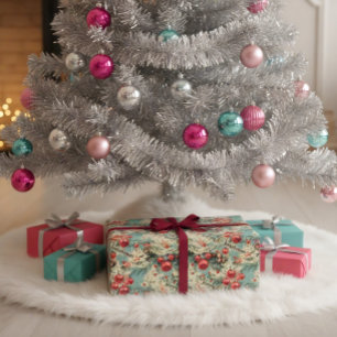 Vintage Ornamenten & Kerstbloemen op Zachte Blauwe Grosgrain Lint