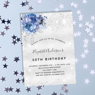 Birthday Silver Blauwe Filmfloraal luxe Magnetische Uitnodiging