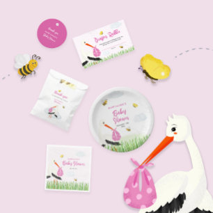 Rustieke Ooievaar met Bee & Vlinder Meisje Baby sh Kaart