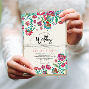 Bohemen Oranje Folk Flowers Boho Chic Wedding Kaart