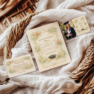 Elegante Gouden Geometrische Bloemige Afstudeerfee RSVP Kaartje