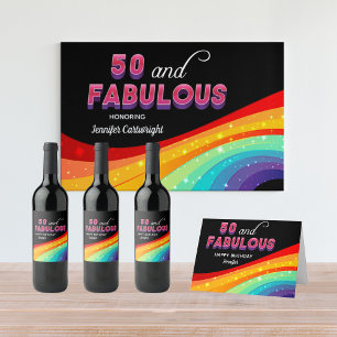 50. en Fabulous Rainbow Sparkle Birthday Party Wijn Etiket
