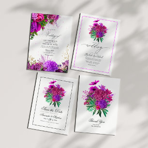 Trouw met vintage fuchsia en paarse bloemen save the date
