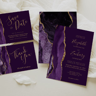 Modern Deep Paars Gold Agate Dark Wedding RSVP Kaartje