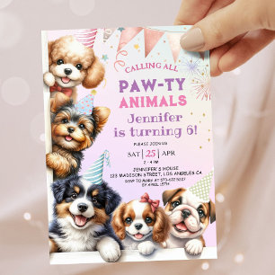 Meisjes Puppy Lets Pawty 6e verjaardag uitnodiging