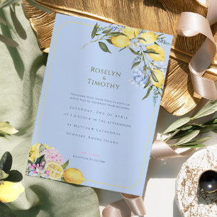 Citrus Blauwe Aquarel Illustratie Bruiloft Drieluik Uitnodiging