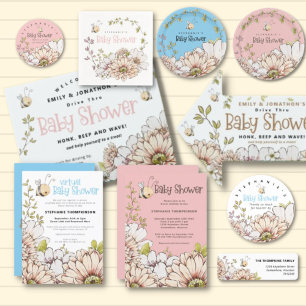Bumblebee Florals Blue Virtual Baby shower Kaart