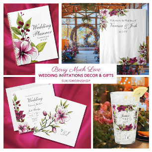 Elegante Boysenberry-aquarel bloemstukken bruiloft Gastenboek