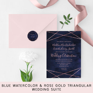 Navy Blue & Roos Gold Geometrische bruiloft uitnod Magnetische Uitnodiging