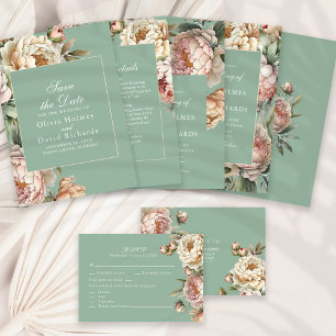 Elegante Blush Roze Pioenrozen Pastel Sage Bruilof Save The Date