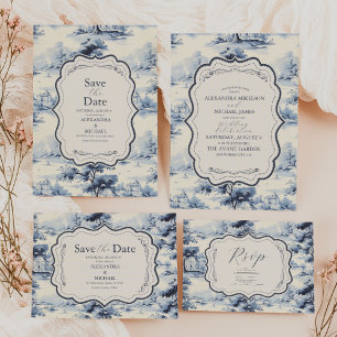 Elegant Baroque Blue French Garden Floral Wedding All In One Uitnodiging
