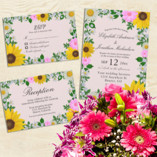 Rustige zonnebloem Daisy Floral Wedding Reception Informatiekaartje
