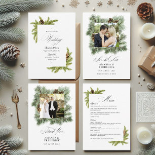Elegante Winter Pine Christmas Wedding Foto Bedankkaart
