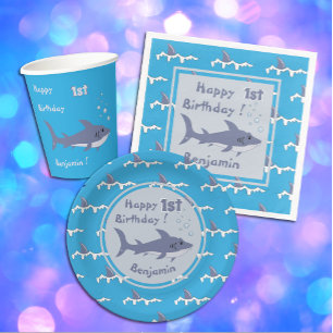 Shark Theme 1st Birthday Paper Napkins met naam Servet