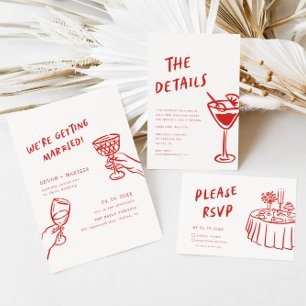 Funky Red Fun trouwen Geïllustreerde bruiloft Kaart