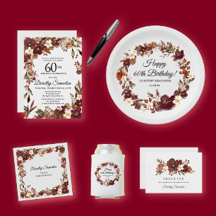 Bourgogne Mauve Ivoor Herfst Bloemen 60e Verjaarda Kaart