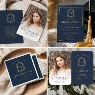 Monogram Crest Marineblauw Gouden Afstudeerfeest Servet