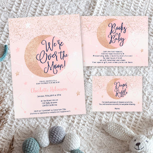 Blauw roos goudglitter over het maan baby shower folie uitnodiging