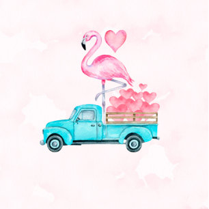  Truck Pink Flamingo Hearts Baby shower Kaart