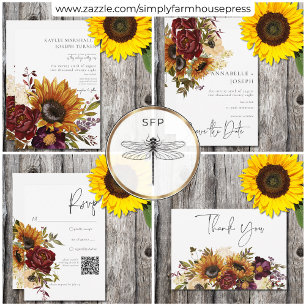 Rustieke Zomer Zonnebloemen & Bourgondische Bloeme Bedankkaart