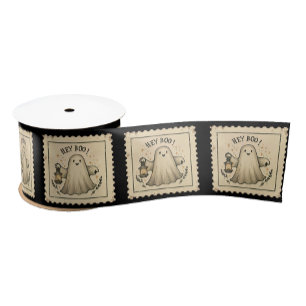 Halloween Geest Stempel met Lantaarn “Hey Boo”  Satijnen Lint