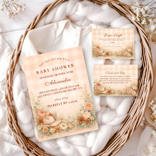 Perzik Gingham Western Bloemen Baby Shower Kaart