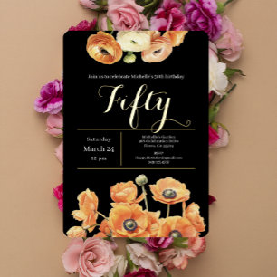 Elegant zwart Sinaasappel Floral 50ste verjaardags Ronde Kartonnen Onderzetter