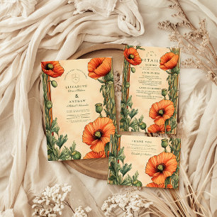 Elegante Floral Art Nouveau Poppy Wedding Bedankkaart