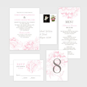 Elegant Pink Gray Floral Peony Wedding Kaart