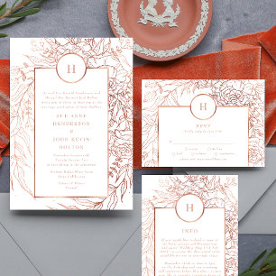 Classic Dusty Roos Gold Monogram Wreatw Wedding RSVP Kaartje