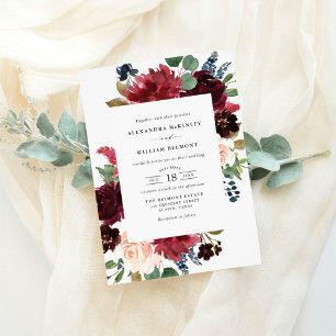 Waterverf Burgundy en Blue Flowers Wedding Kaart