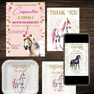 Pony verjaardagsfeestje wit paard roos strooisels kaart