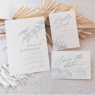 Stoffig Blauw  Bloemen Zangvogel Bruiloft Kaart