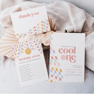 Cool One Girl's First Birthday Checkered Retro Kaart