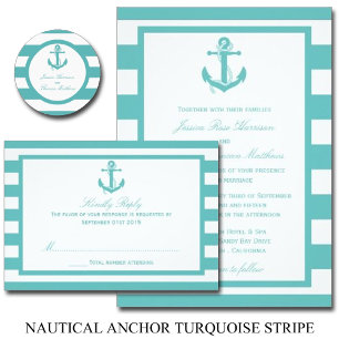 Nautical Turquoise Stripe Anchor Wedding Kaart