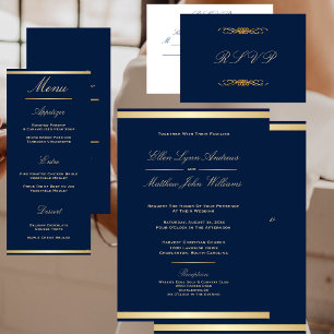 Elegant Navy Blue en Gold Wedding Kaart