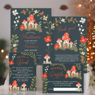Woodland paddenstoel bloemboeken voor baby shower informatiekaartje