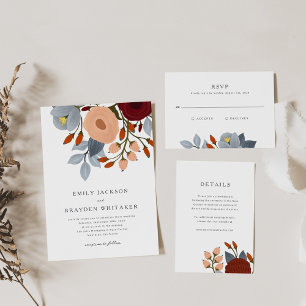 Dusty Blue Wildflower Wedding Invitation Kaart