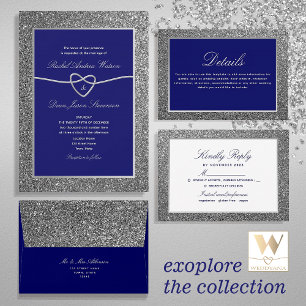 Chic Silver en Royal Blue Wedding All In One Uitnodiging