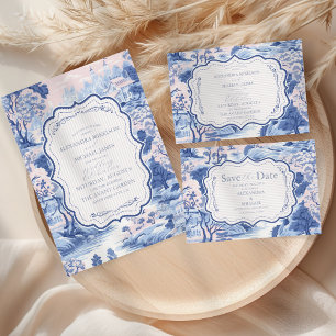 Blue White Chinoiserie Floral Porcelain Wedding RSVP Kaartje