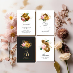  Blush Pink en Gold Floral Quinceañera RSVP Kaartje