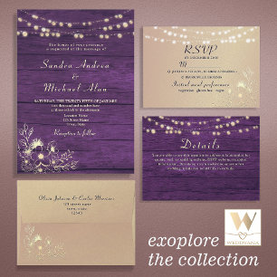 Paarse rustieke houten string verlichting bruiloft kaart