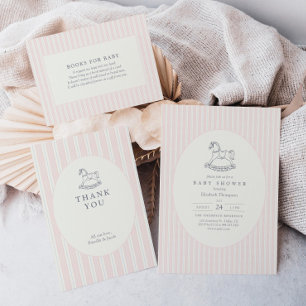 Vintage Preppy Roze Streepjes Baby Shower Bedankkaart