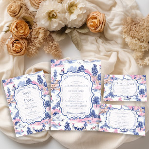 Elegant Baroque Blue French Garden Floral Wedding All In One Uitnodiging