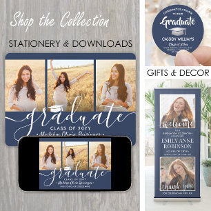 3 Foto Collage Navy Blue & White Graduparty Kaart