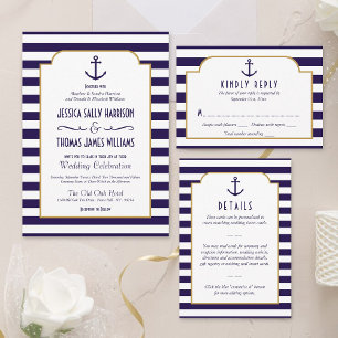 Nautical Navy & White Stripe Anchor Wedding Kaart